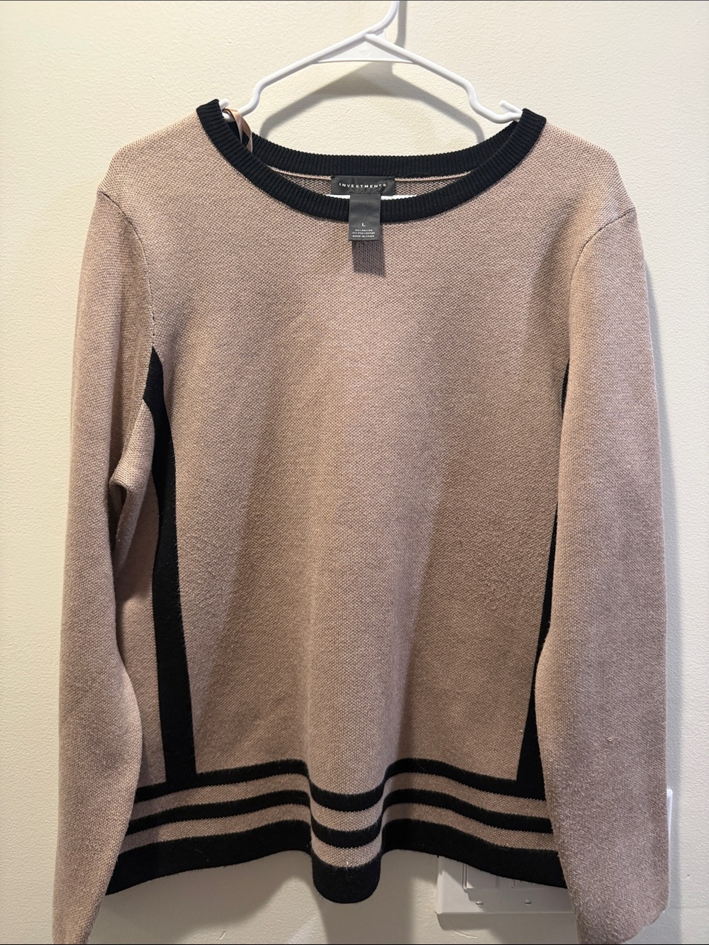Investments Taupe Crewneck Sweater with Black Trim & Stripes